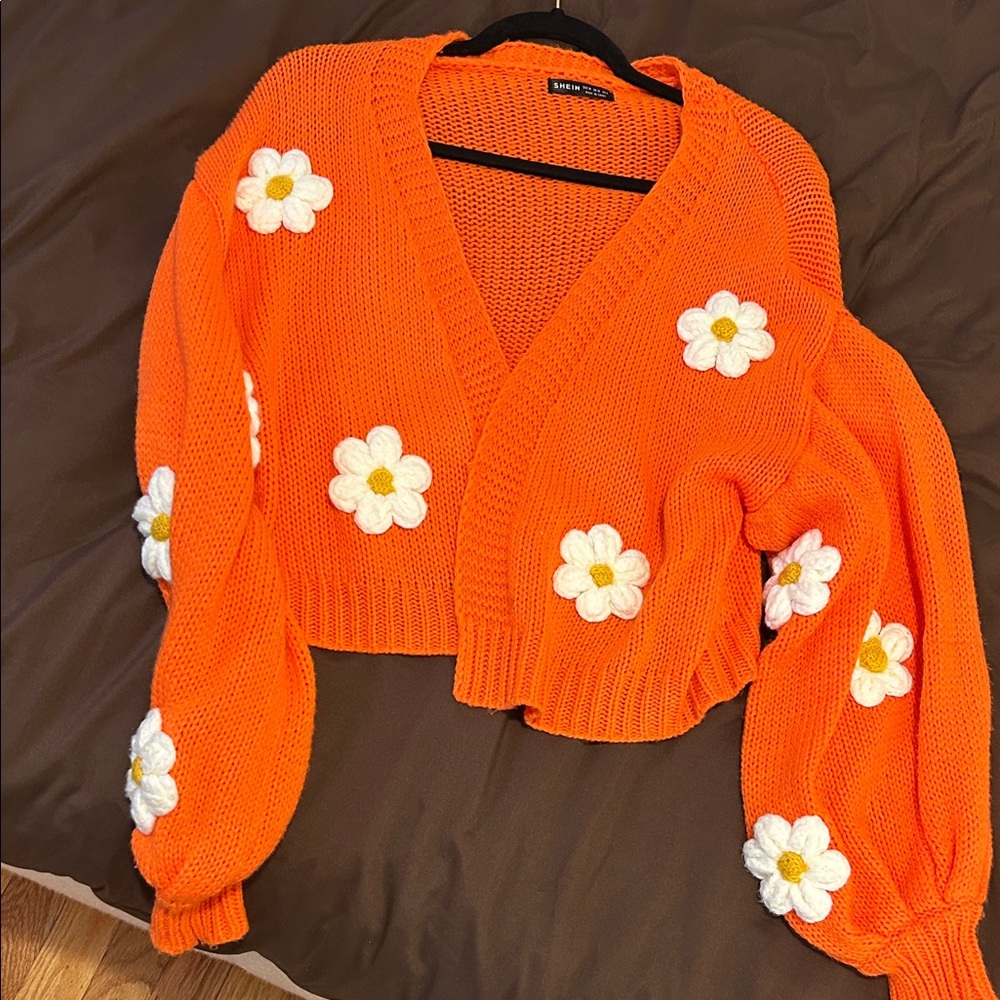 Orange Floral Knit Sweater